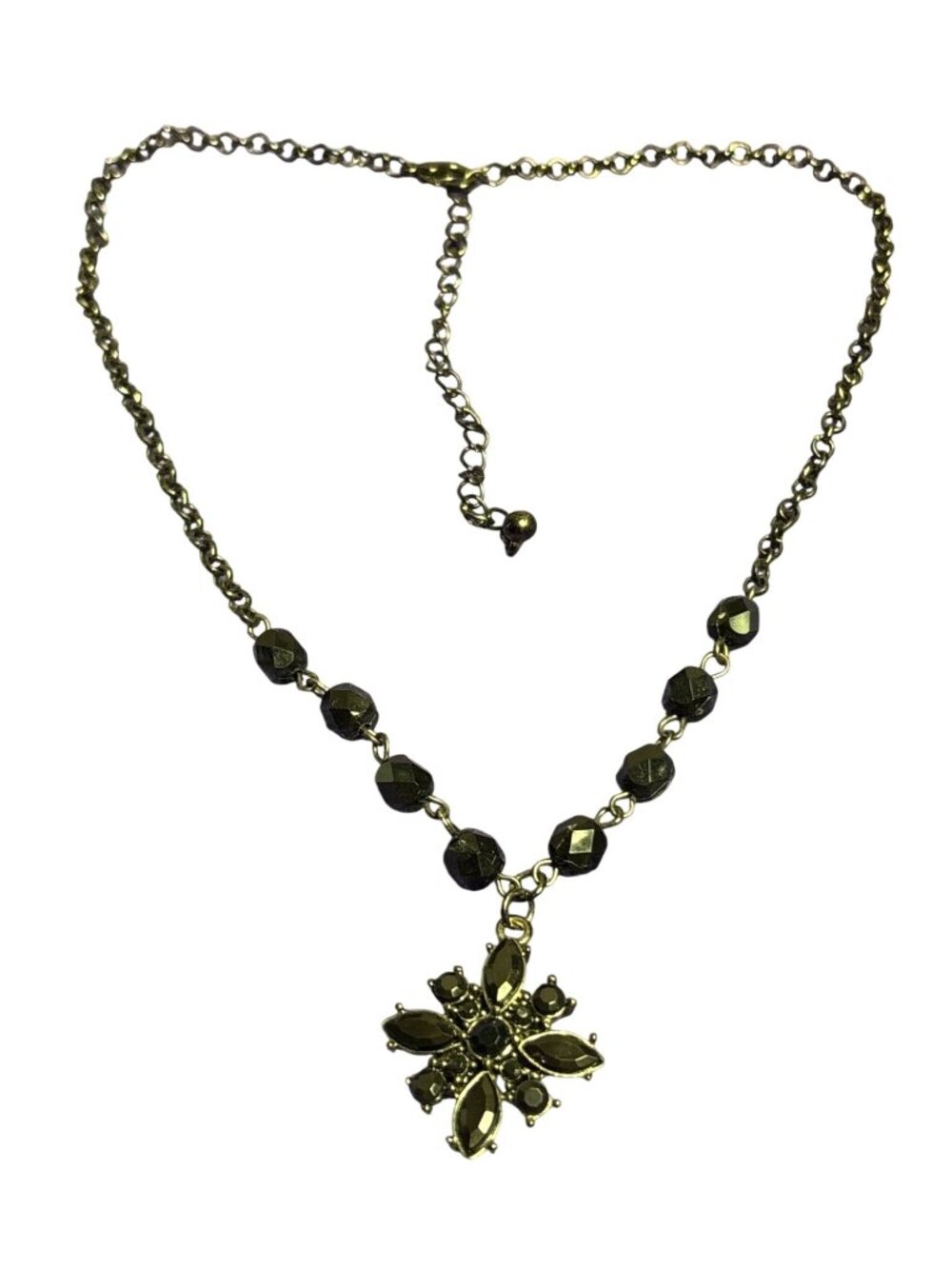 Vintage Y2K Black Faceted Plastic Beaded Chain Necklace Rhinestone Pendant